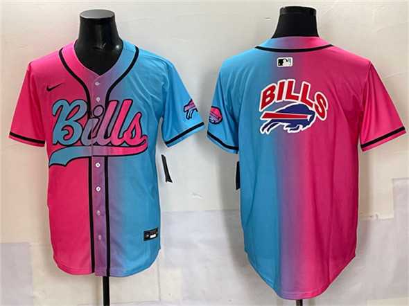 Mens Buffalo Bills Team Big Logo Pink Blue Limited Stitched Baseball Jersey