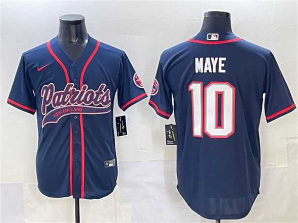 Mens New England Patriots #10 Drake Maye Navy With Path Cool Base Stitched Baseball Jersey