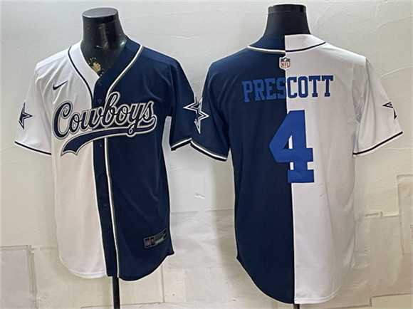 Mens Dallas Cowboys #4 Dak Prescott White Navy Split Stitched Jersey->dallas cowboys->NFL Jersey