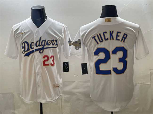Mens Los Angeles Dodgers #23 Kyle Tucker White 2026 Gold Collection Stadium Stitched Jersey
