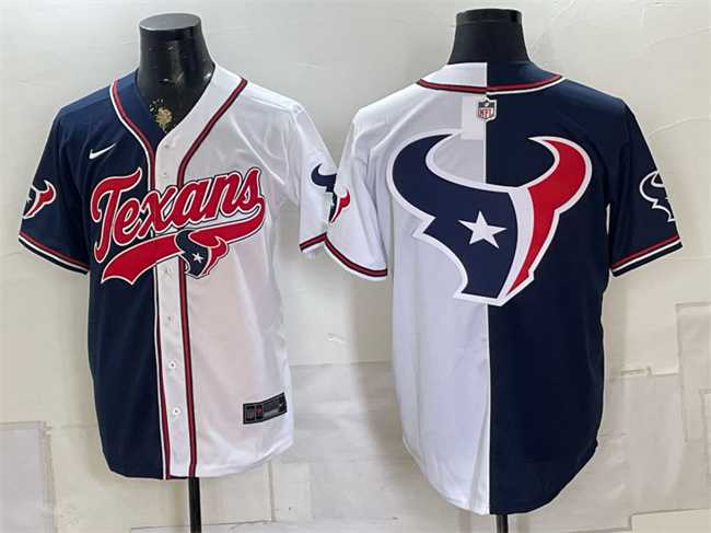 Mens Houston Texans Team Big Logo Navy White Split With Patch Cool Base Stitched Baseball Jersey