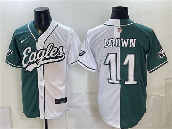 Mens Philadelphia Eagles #11 A.J. Brown Green White Split Stitched Jersey