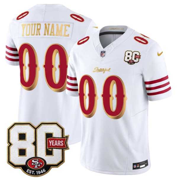 Mens San Francisco 49ers Active Player Custom White Gold 80th Anniversary Patch Rivalries 2026 F.U.S.E. Vapor Untouchable Limited Football Stitched Jersey
