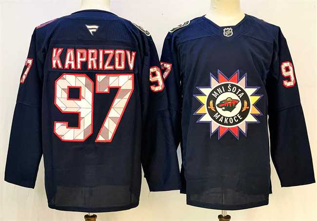 Mens Minnesota Wild #97 Kirill Kaprizov Navy 2024-25 Stitched Hockey Jersey