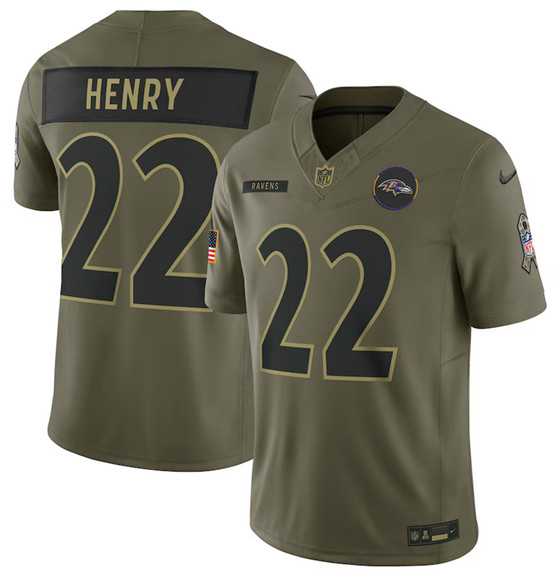 Mens Baltimore Ravens #22 Derrick Henry Olive 2025 Salute to Service Limited Stitched Jersey Dyin