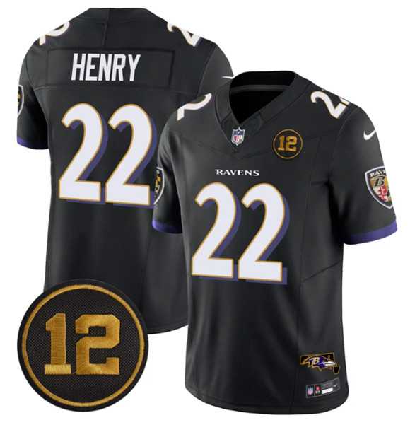 Mens Baltimore Ravens #22 Derrick Henry Black 2025 F.U.S.E Jacoby Jones Patch Vapor Limited Jersey Dzhi