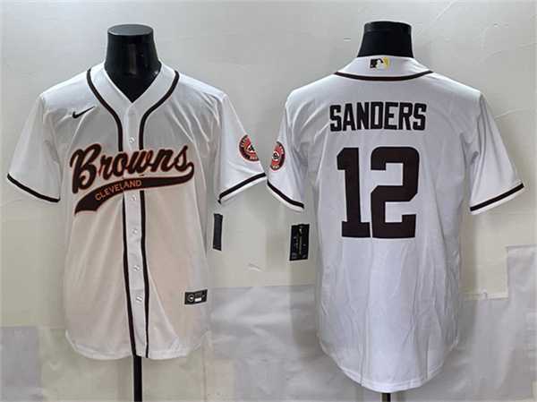 Mens Cleveland Browns #12 Shedeur Sanders White With Patch Cool Base Stitched Baseball Jersey