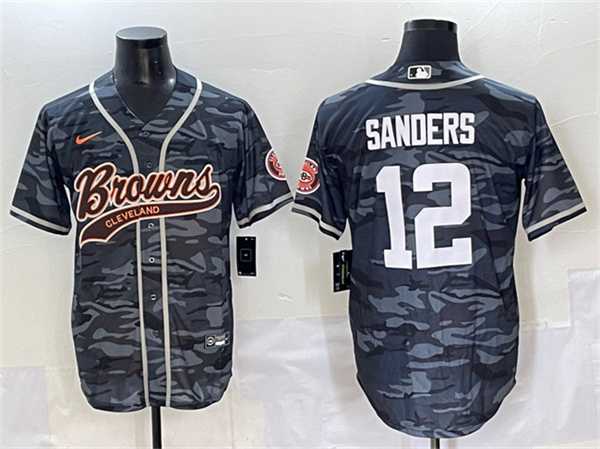 Mens Cleveland Browns #12 Shedeur Sanders Gray Camo With Patch Cool Base Stitched Baseball Jersey