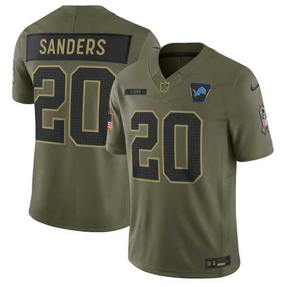 Mens Detroit Lions #20 Barry Sanders Olive 2025 Salute to Service Limited Stitched Jersey Dyin