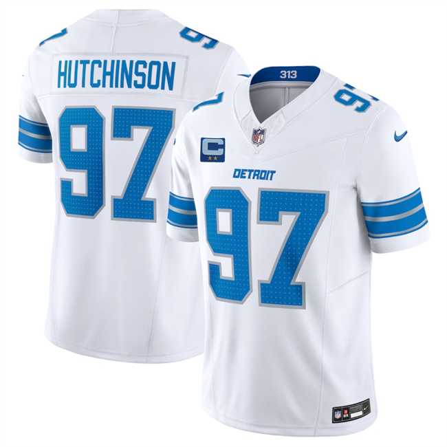 Mens Detroit Lions #97 Aidan Hutchinson White 2025 F.U.S.E. With 2-Star C Patch Vapor Limited Stitched Jersey Dzhi