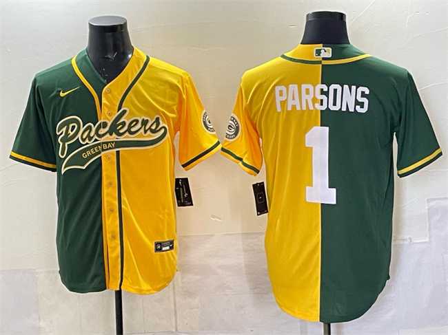 Mens Green Bay Packers #1 Micah Parsons Green Gold Split Cool Base Stitched Baseball Jersey