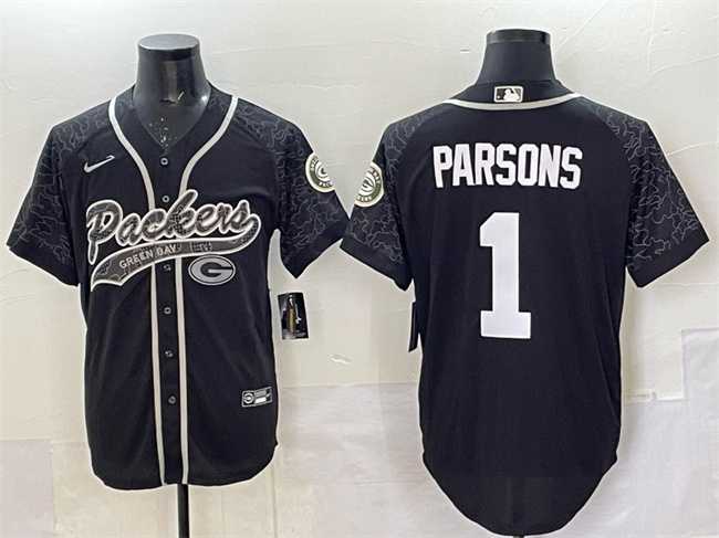 Mens Green Bay Packers #1 Micah Parsons Black Reflective With Patch Cool Base Stitched Baseball Jersey