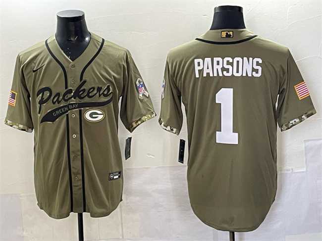 Mens Green Bay Packers #1 Micah Parsons Olive Salute to Service Cool Base Stitched Baseball Jersey