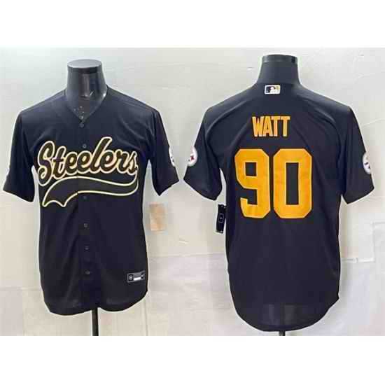 Mens Pittsburgh Steelers 90 T J Watt Black Cool Base Stitched Baseball Jersey Dzhi