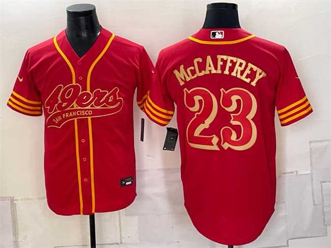 Mens San Francisco 49ers #23 Christian McCaffrey Red Gold Cool Base Stitched Baseball Jersey1 Dzhi