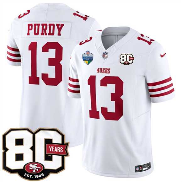 Mens San Francisco 49ers #13 Brock Purdy White 80th Anniversary And Melbourne Game Patch 2026 F.U.S.E. Vapor Untouchable Limited Stitched Jersey Dzhi
