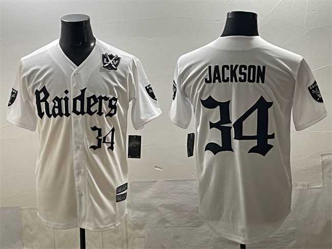 Mens Las Vegas Raiders #34 Bo Jackson White Gothic Sin City Shadows Edition With 65th Anniversary Patch Vapor Limited Stitched Baseball Jersey