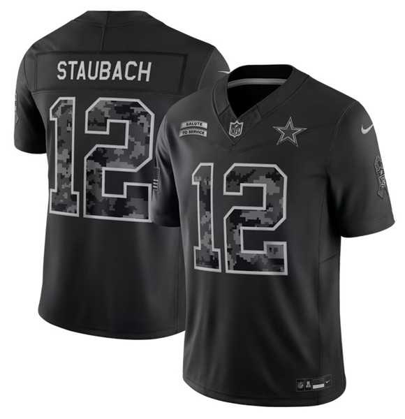 Mens Dallas Cowboys #12 Roger Staubach Black 2026 F.U.S.E. Salute to Service Limited Stitched Jersey