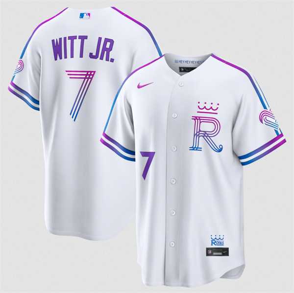 Mens Kansas City Royals #7 Bobby Witt Jr. White 2026 City Connect Stadium Stitched Jersey Dzhi