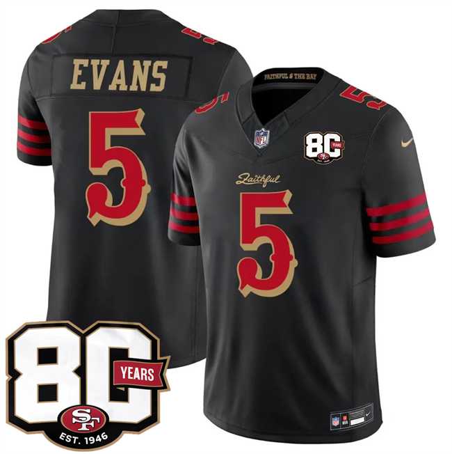Mens San Francisco 49ers #5 Mike Evans Black 80th Anniversary Patch Rivalries 2026 F.U.S.E. Vapor Untouchable Limited Stitched Jersey Dzhi
