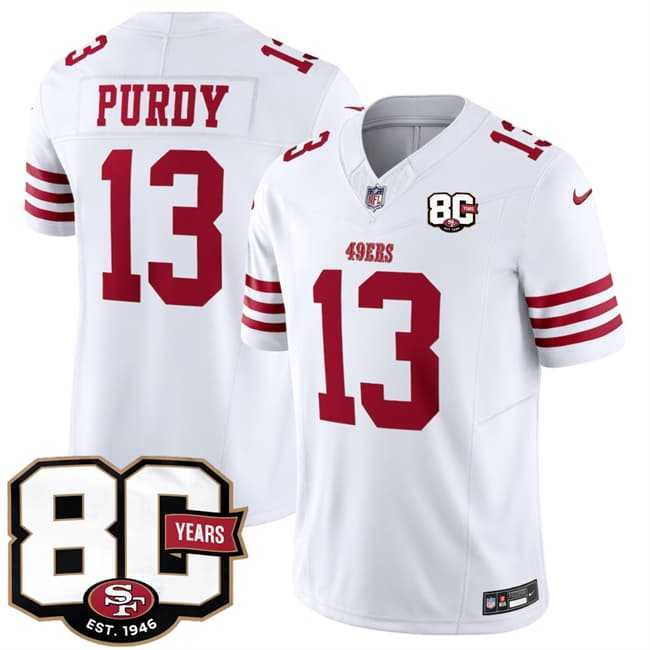 Mens San Francisco 49ers #13 Brock Purdy White 80th Anniversary Patch 2026 F.U.S.E. Vapor Untouchable Limited Stitched Jersey Dzhi->->NFL Jersey