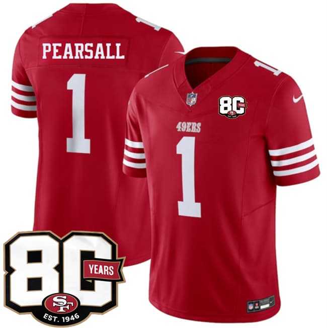 Mens San Francisco 49ers #1 Ricky Pearsall Red 80th Anniversary Patch 2026 F.U.S.E. Vapor Untouchable Limited Stitched Jersey Dzhi