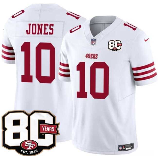 Mens San Francisco 49ers #10 Mac Jones White 80th Anniversary Patch 2026 F.U.S.E. Vapor Untouchable Limited Stitched Jersey Dzhi->->NFL Jersey