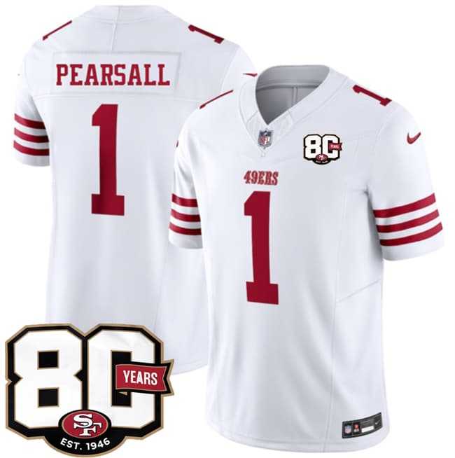 Mens San Francisco 49ers #1 Ricky Pearsall White 80th Anniversary Patch 2026 F.U.S.E. Vapor Untouchable Limited Stitched Jersey Dzhi
