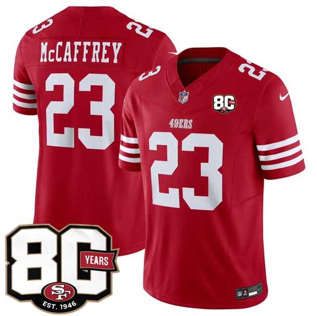Mens San Francisco 49ers #23 Christian McCaffrey Red 80th Anniversary Patch 2026 F.U.S.E. Vapor Untouchable Limited Stitched Jersey Dzhi->->NFL Jersey