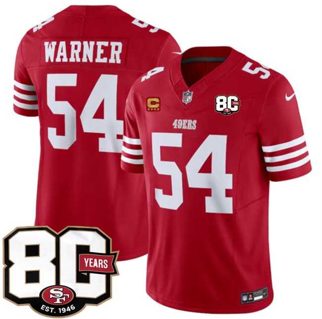 Mens San Francisco 49ers #54 Fred Warner Red 80th Anniversary Patch And 4-Star C Patch 2026 F.U.S.E. Vapor Untouchable Limited Stitched Jersey Dzhi->->NFL Jersey