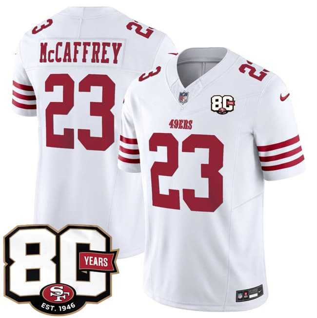 Mens San Francisco 49ers #23 Christian McCaffrey White 80th Anniversary Patch 2026 F.U.S.E. Vapor Untouchable Limited Stitched Jersey Dzhi->->NFL Jersey