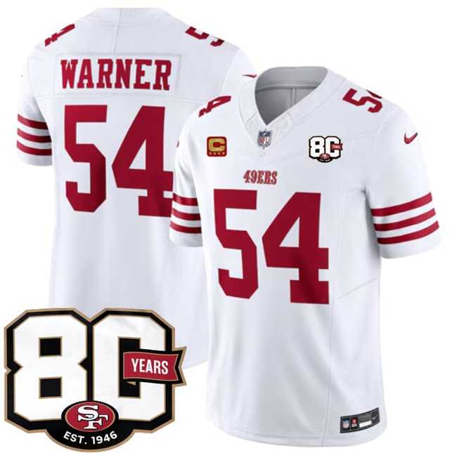 Mens San Francisco 49ers #54 Fred Warner White 80th Anniversary Patch And 4-Star C Patch 2026 F.U.S.E. Vapor Untouchable Limited Stitched Jersey Dzhi->->NFL Jersey