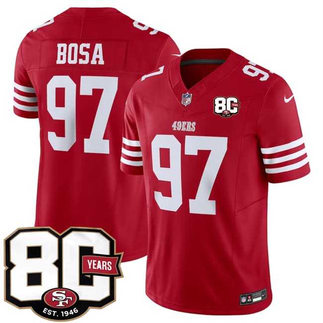 Mens San Francisco 49ers #97 Nick Bosa Red 80th Anniversary Patch 2026 F.U.S.E. Vapor Untouchable Limited Stitched Jersey Dzhi->->NFL Jersey