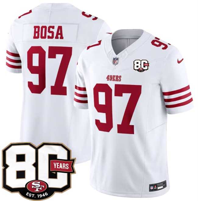 Mens San Francisco 49ers #97 Nick Bosa White 80th Anniversary Patch 2026 F.U.S.E. Vapor Untouchable Limited Stitched Jersey Dzhi->->NFL Jersey