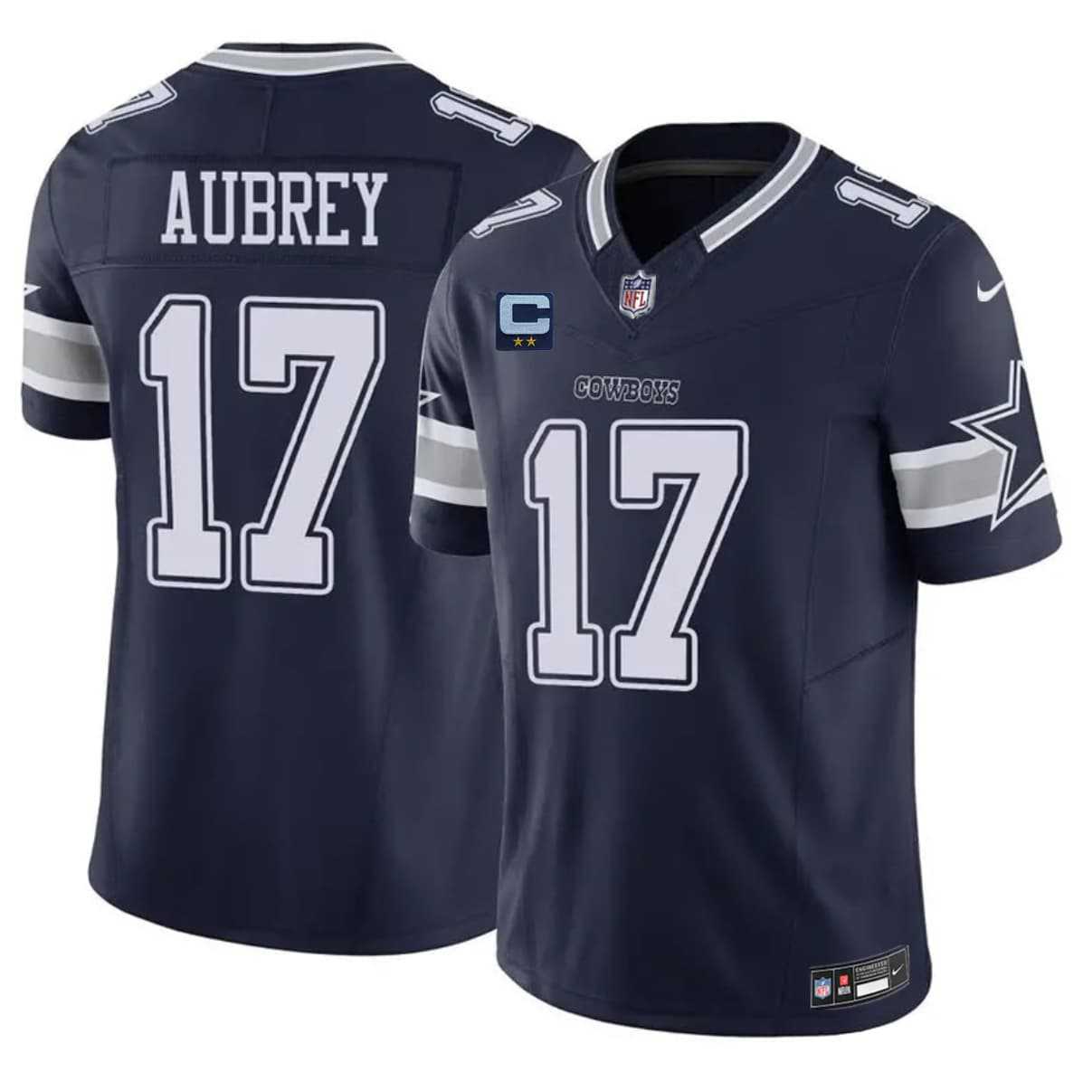 Mens Dallas Cowboys #17 Brandon Aubrey Navy 2026 With 2-Star C Patch F.U.S.E. Vapor Untouchable Limited Stitched Jersey