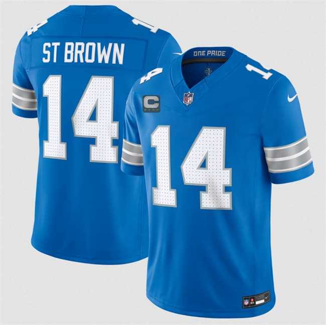 Mens Detroit Lions #14 Amon-Ra St. Brown Blue 2026 With 4-Star C Patch F.U.S.E. Vapor Limited Stitched Jersey