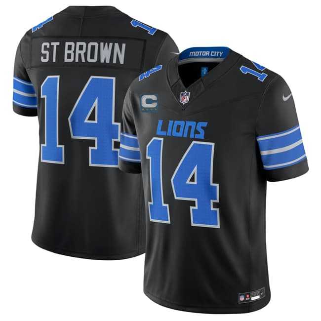 Mens Detroit Lions #14 Amon-Ra St. Brown Black 2026 With 4-Star C Patch F.U.S.E. Vapor Limited Stitched Jersey