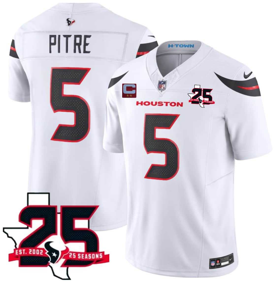 Mens Houston Texans #5 Jalen Pitre White 2026 With 25th Anniversary Patch And 2-Star C Patch F.U.S.E. Vapor Limited Stitched Jersey->houston texans->NFL Jersey Mens Houston Texans #5 Jalen Pitre White 2026 With 25th Anniversary Patch And 2-Star C Patch F.U.S.E. Vapor Limited Stitched Jersey->houston texans->NFL Jersey