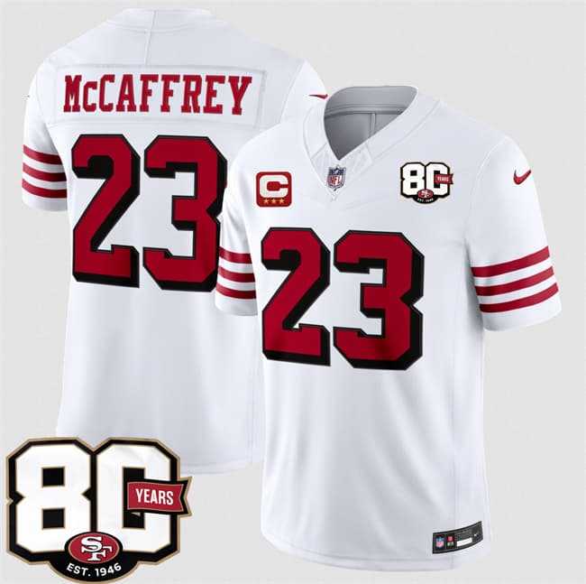 Mens San Francisco 49ers #23 Christian McCaffrey New White 2026 F.U.S.E. With 80th Anniversary & 3-Star C Patch Vapor Untouchable Limited Stitched Jersey