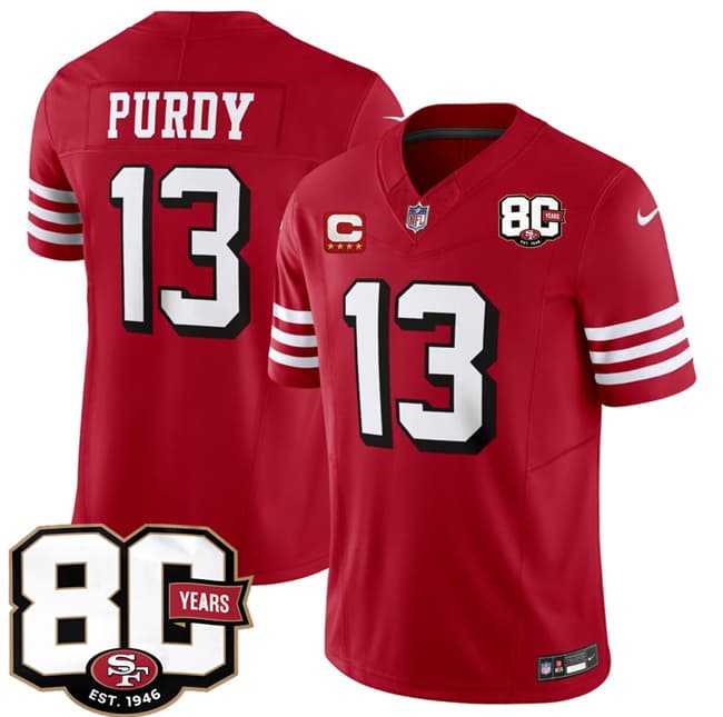 Mens San Francisco 49ers #13 Brock Purdy New Red 2026 F.U.S.E. With 80th Anniversary & 4-Star C Patch Vapor Untouchable Limited Stitched Jersey