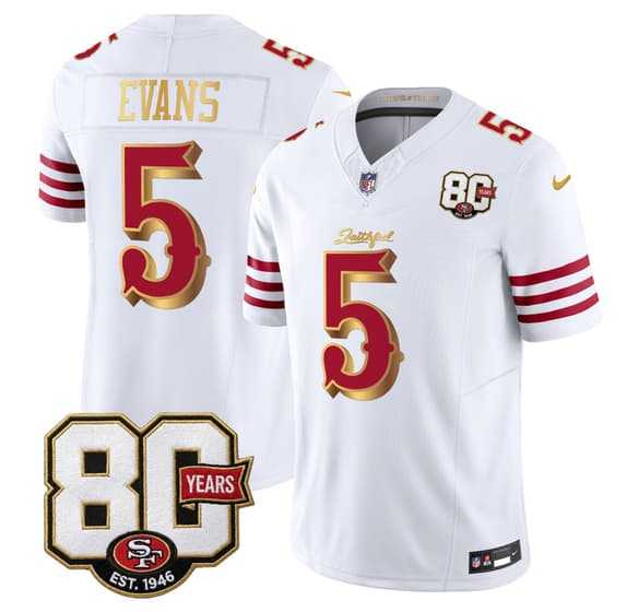 Mens San Francisco 49ers #5 Mike Evans White Gold 80th Anniversary Patch Rivalries 2026 F.U.S.E. Vapor Untouchable Limited Stitched Jersey