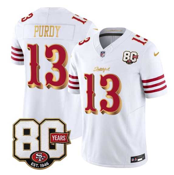 Mens San Francisco 49ers #13 Brock Purdy White Gold 80th Anniversary Patch Rivalries 2026 F.U.S.E. Vapor Untouchable Limited Stitched Jersey