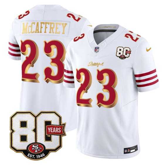 Mens San Francisco 49ers #23 Christian McCaffrey White Gold 80th Anniversary Patch Rivalries 2026 F.U.S.E. Vapor Untouchable Limited Stitched Jersey