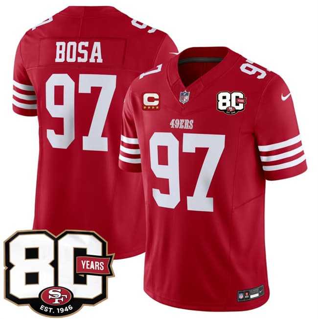 Mens San Francisco 49ers #97 Nick Bosa Red 2026 F.U.S.E. With 80th Anniversary & 4-Star C Patch Vapor Untouchable Limited Stitched Jersey