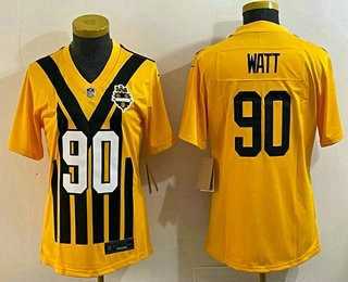 Womens Pittsburgh Steelers #90 TJ Watt Limited Yellow Throwback Vapor Jersey