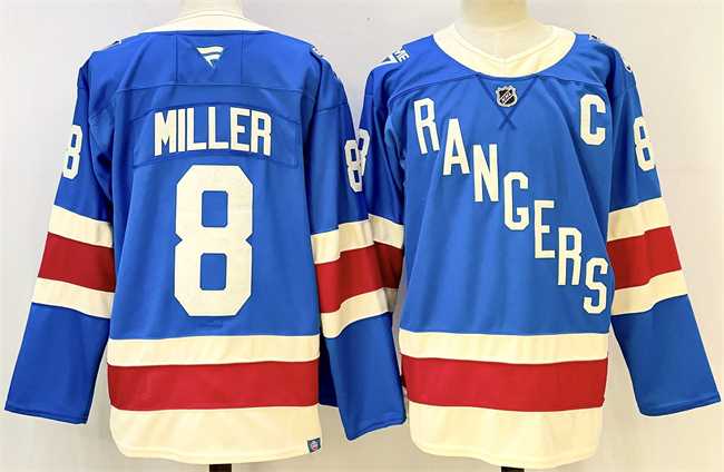 Mens New York Rangers #8 JT Miller Blue 2025 With C Patch Stitched Hockey Jersey