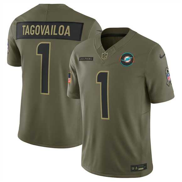 Mens Miami Dolphins #1 Tua Tagovailo Olive 2025 F.U.S.E. Salute to Service Limited Stitched Jersey Dyin