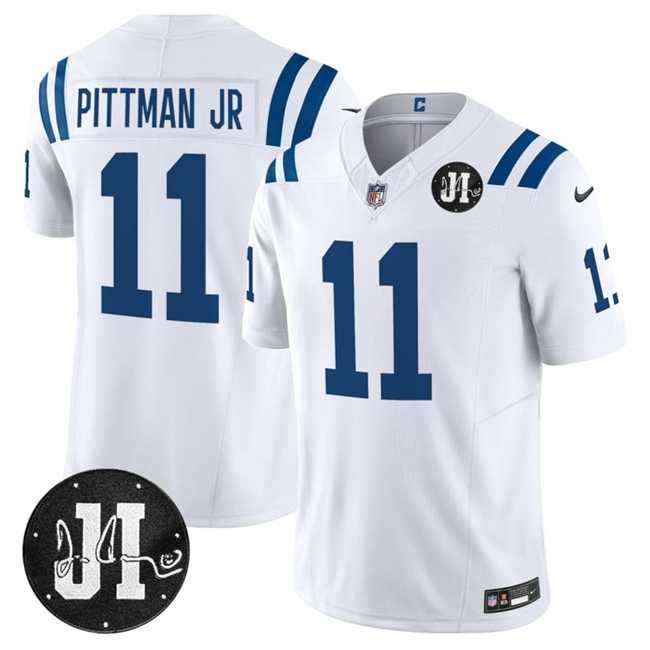 Mens Indianapolis Colts #11 Michael Pittman Jr. White 2025 F.U.S.E. Jim Irsay Patch Vapor Limited Stitched Jersey Dzhi