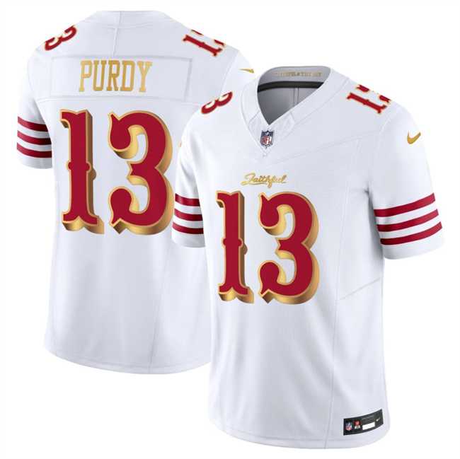 Mens San Francisco 49ers #13 Brock Purdy White Gold 2025 F.U.S.E. Rivalries Vapor Limited Stitched Jersey