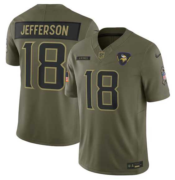 Mens Minnesota Vikings #18 Justin Jefferson Olive 2025 Salute to Service Limited Stitched Jersey Dyin